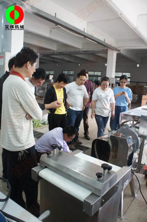 客戶親臨我司測試木瓜削皮、瓜果切丁及蔬果分瓣等加工處理設備！